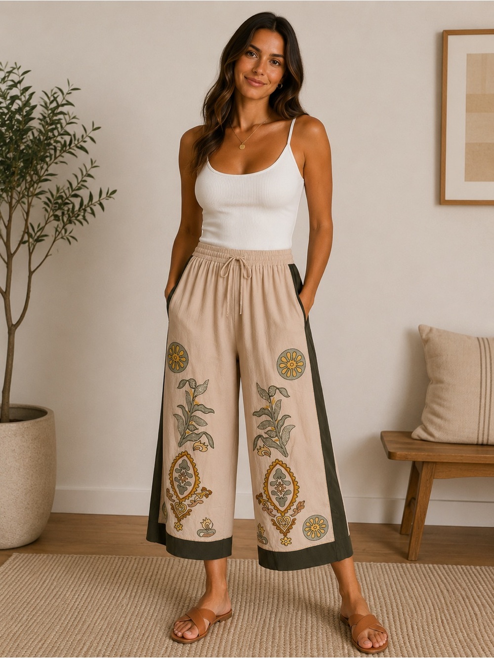 Beige Embroidered Wide-Leg Cropped Pants with Olive Trim